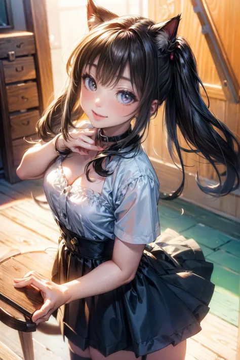 One Girl、(20-year-old woman)、Cat ears headband、Cat tail、Black maid outfit、Holding a tray with two parfaits on it in one hand、Wit...