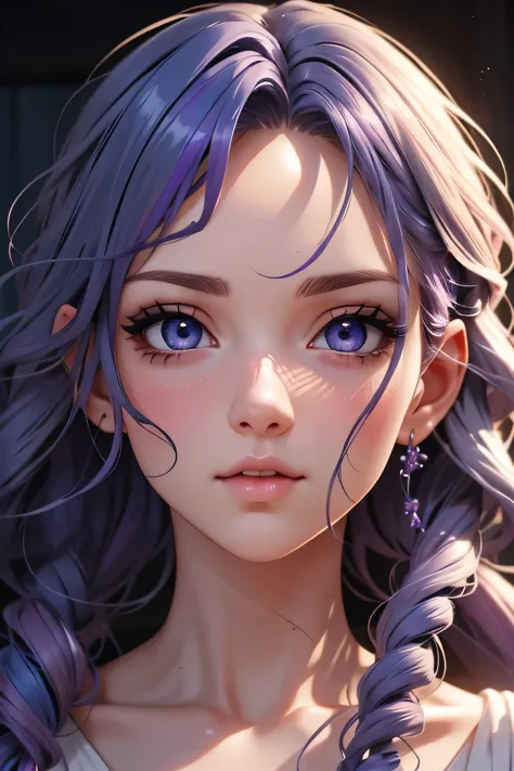 anime A translucent white girl with blue curly hair with purple highlights, extremely detailed, 8K, high resolution, photorealis...