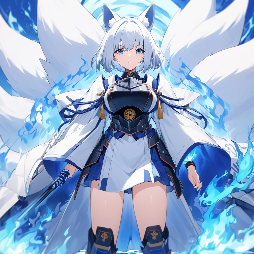 A woman wearing heavy blue armor with white trim, long white fur cape, samurai shoulder pad, metal samurai breastplate, metal boots, samurai bracelet, large breasts, blue flames on hands, blue flames, blue aura of flames, blue eyes emitting flames, white hair, short hair kitsune ear, kitsune tail, multi tail, large white fox in the background, wide sea view, a big blue flame in the background, blue flame over the sea
