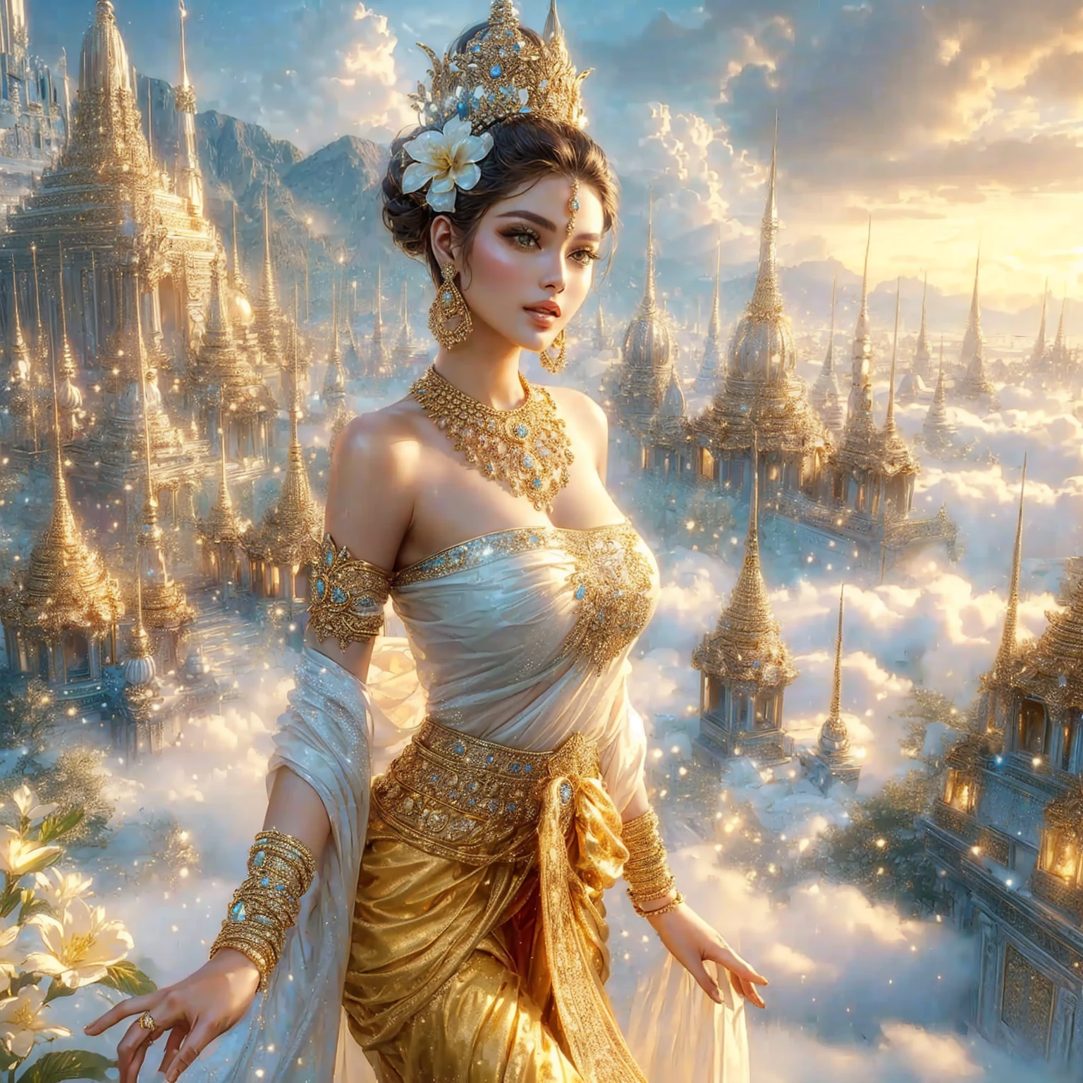 女性スーパーモデル, 絶妙な古代の衣装、金の宝石、黄金の宮殿の背景
