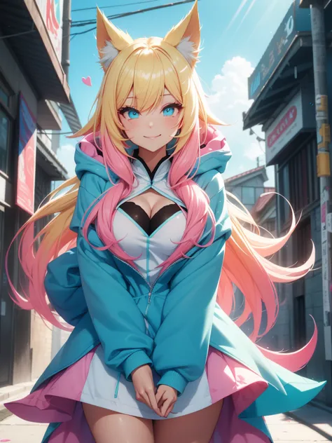 ahri wearing cyan very large hoodie; blonde hair with pink details; beautiful detailed eyes; smiling face; longeyelashes; perfec...