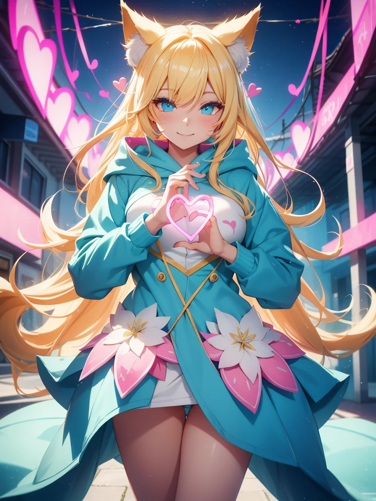 Ahri wearing cyan very large hoodie; blonde hair with pink details; beautiful detailed eyes; smiling face; longeyelashes; perfect eyes; her tails forming a heart shape behind her, standing on a sidewalk, sun shining, vivid colors, photo-realistic, portraits, medium:illustration. (best quality,ultra-detailed,HDR,colorful vivid appearance,studio lighting)