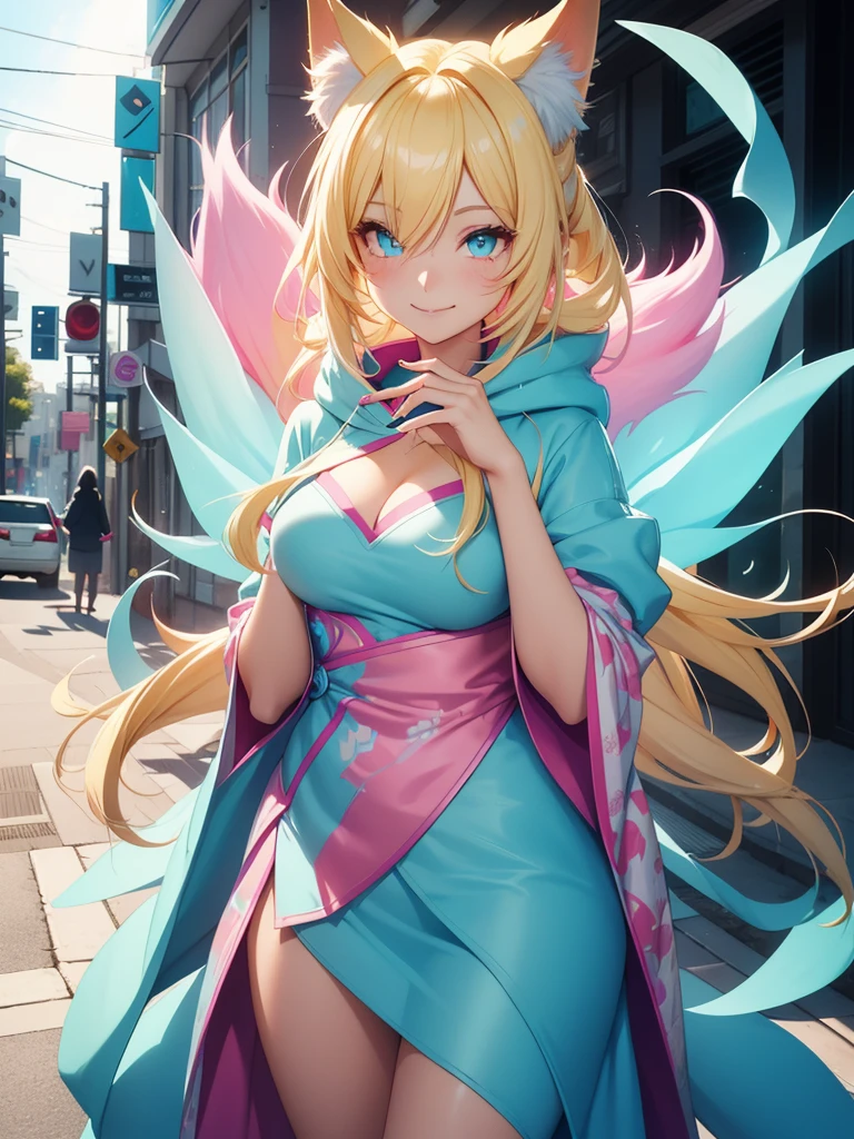 Ahri wearing cyan very large hoodie; blonde hair with pink details; beautiful detailed eyes; smiling face; longeyelashes; perfect eyes; her tails forming a heart shape behind her, standing on a sidewalk, sun shining, vivid colors, photo-realistic, portraits, medium:illustration. (best quality,ultra-detailed,HDR,colorful vivid appearance,studio lighting)