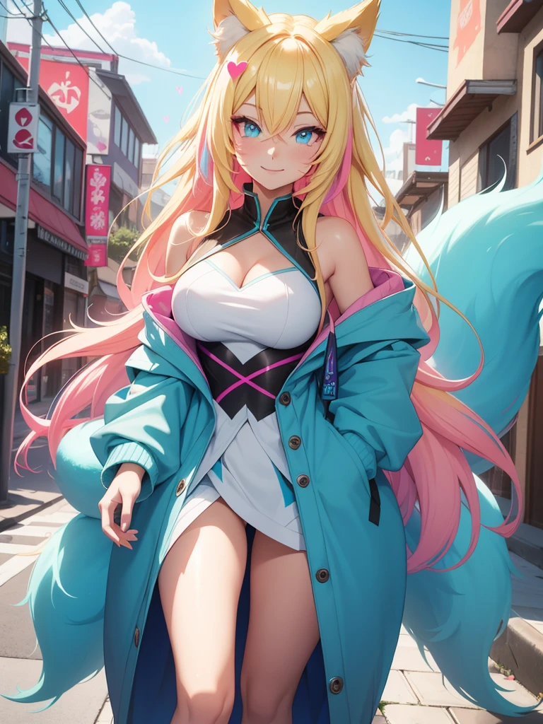 Ahri wearing cyan very large hoodie; blonde hair with pink details; beautiful detailed eyes; smiling face; longeyelashes; perfect eyes; her tails forming a heart shape behind her, standing on a sidewalk, sun shining, vivid colors, photo-realistic, portraits, medium:illustration. (best quality,ultra-detailed,HDR,colorful vivid appearance,studio lighting)