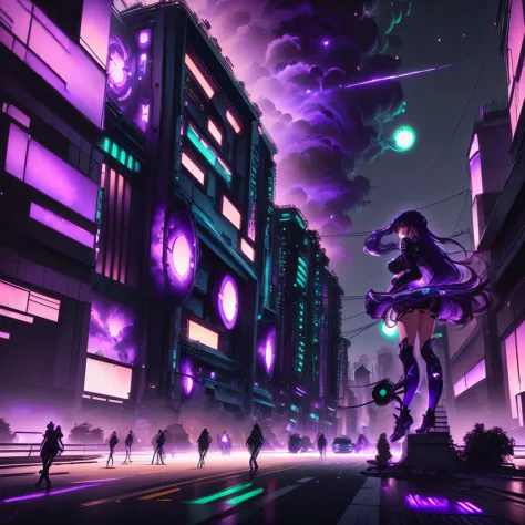 anime girl with purple hair and green and purple outfit, vibrant rossdraws cartoon, cyberpunk anime digital art, high quality di...