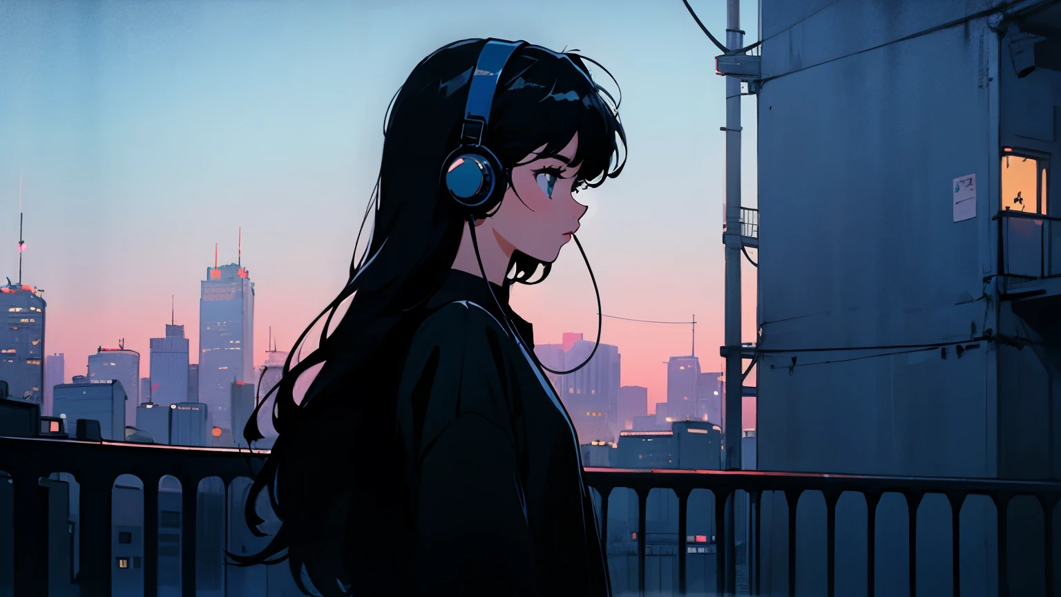 Long black hair, Black clothes, Adult woman looking to the side ,Blue headphones、 City of night, Delicate background、masterpiece、nightの街、night、dark、nostalgic、