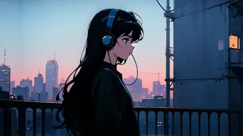 long black hair, black clothes, adult woman looking to the side ,blue headphones、 city of night, delicate background、masterpiece...