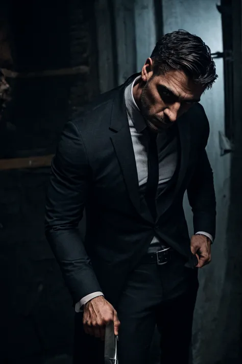 a handsome and realistic man, detailed face, striking eyes, sharp jawline, muscular build, wearing a dark suit, holding a knife,...