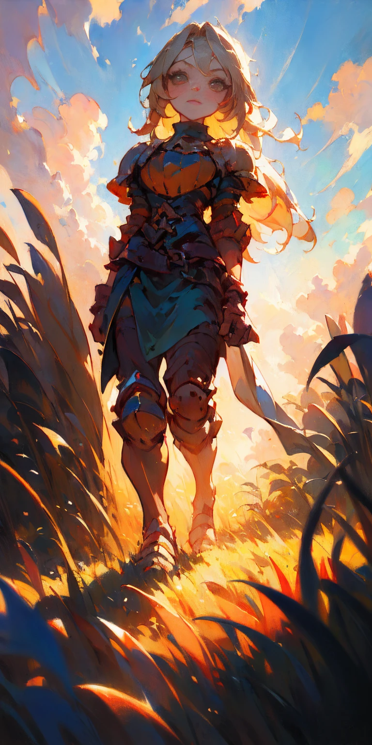 stunning painting of a knight with long blonde hair, wheat field, epic clouds ((painterly)) ((impressionist)) vibrant, soft edges (((warm glow))) full body whole body view from below 1sologirl, feet together, view from below while walking to the viewer