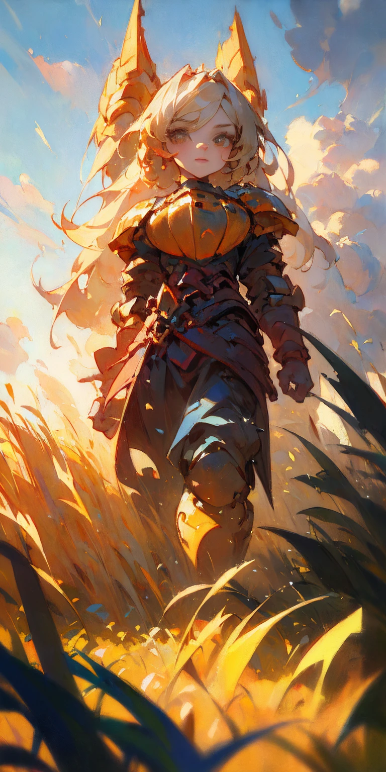 stunning painting of a knight with long blonde hair, wheat field, epic clouds ((painterly)) ((impressionist)) vibrant, soft edges (((warm glow))) full body whole body view from below 1sologirl, feet together, view from below while walking to the viewer