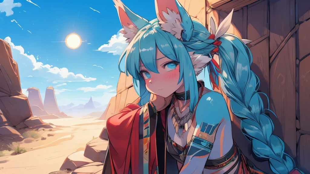 Miku Hatsune x Aloy Forbidden Horizon Dragon West Armor Tenack, ajouter la haute définition_détail:1, fourrure bleue,oreilles de kitsune, tatouage tribal ajouter_détail:1, pose sensuelle contre le mur ajouter_détails:1, collier de plumes tribales, jupe en plumes arc-en-ciel, Décorations corporelles tribales en plumes en haute définition., bralette à plumes tribales, oasis de paysage désertique en arrière-plan, fille épuisée, transpiration, très chaud, soleil intense ajouter_détailsl 