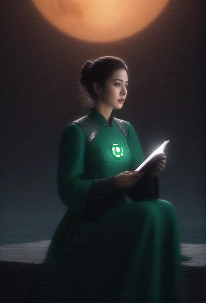 a young Green Lantern,sitting on a floating research platform,in the middle of an asteroid belt,studying a notebook,surrounded by several glowing asteroids with a fiery aura,spectacular distant stars and planets illuminating the scene,casting deep shadows on the costume,the young girl looks confident and determined,staring at the vast and mysterious universe with awe and respect,facial hair,cowboy shot,(best quality,4k,8k,highres,masterpiece:1.2),ultra-detailed,(realistic,photorealistic,photo-realistic:1.37),HDR,UHD,studio lighting,ultra-fine painting,sharp focus,physically-based rendering,extreme detail description,professional,vivid colors,bokeh,science fiction,space art,dramatic lighting,cinematic composition