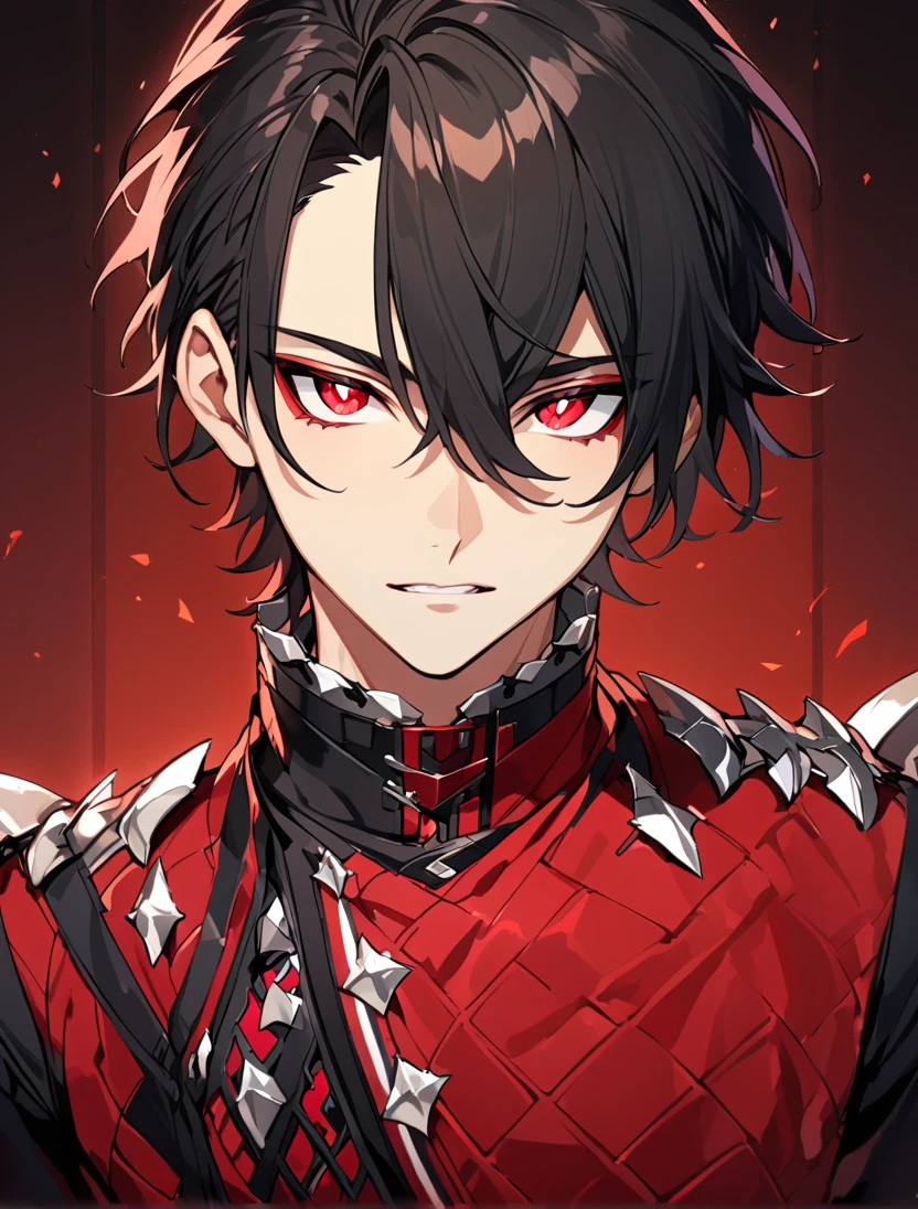 (Black_Hair), (red_ruby_eyes), (Handsome), (attractive), (male), (close_up_shot), (detailed_eyes), (detailed_hair), (clean_hair),  (vertical_pupils), (jawline), (wears_aristrocatic_outfit), (in_his_late_teens), (short_hair)