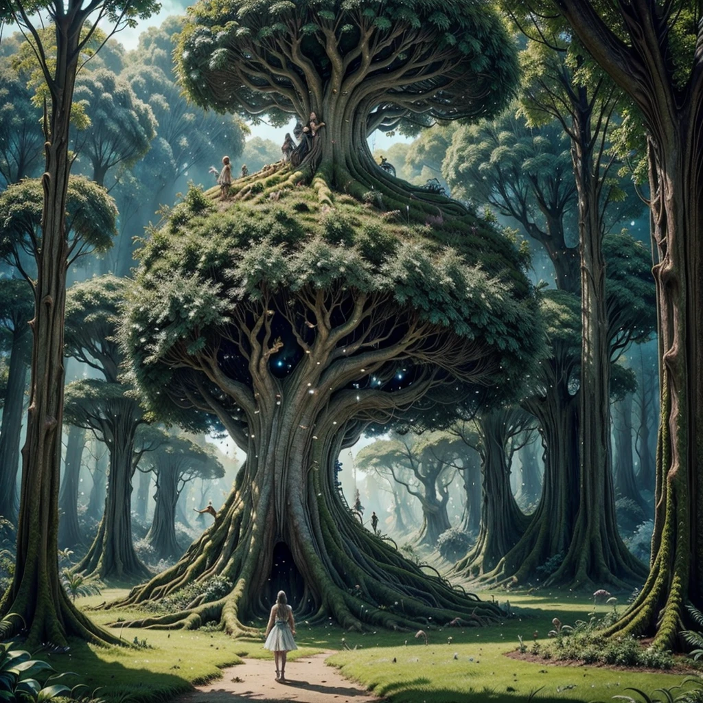 Une fée à l&#39;intérieur d&#39;un immense arbre fantastique, belle fée, détaillé, fantaisie. réaliste, minuscule. Un monde géant, différence de taille.