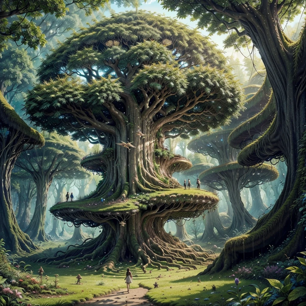 Une fée à l&#39;intérieur d&#39;un immense arbre fantastique, belle fée, détaillé, fantaisie. réaliste, minuscule. Un monde géant, différence de taille.