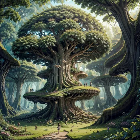 A fairy inside a huge fantasy tree, beautiful fairy, detailed, Fancy. realist, tiny. Giant world, size difference.