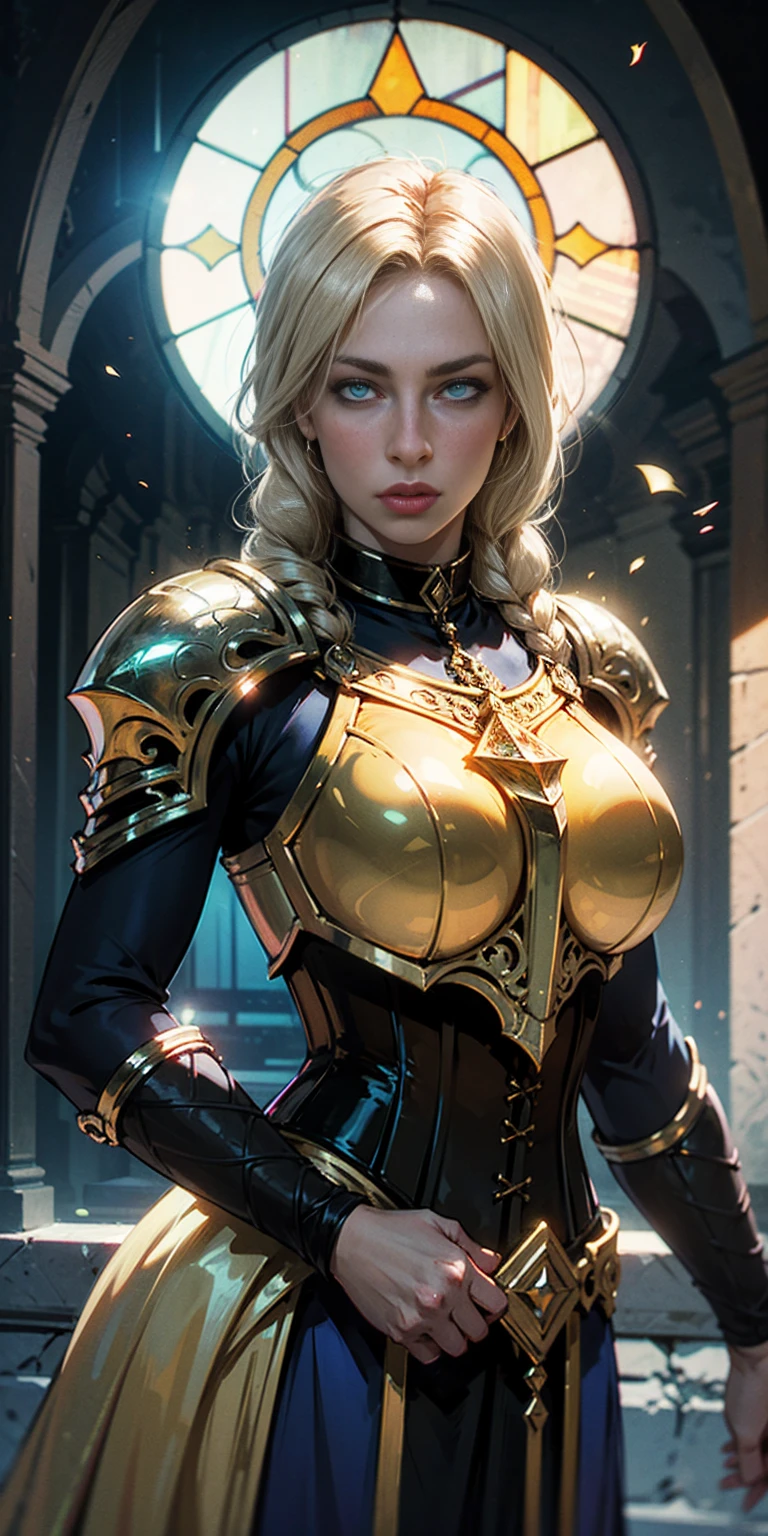 upper body of paladin lady in ornate golden armor, black collar, pauldrons, breastplate, corset, glowing halo, single braid, blonde, yellow glowing eyes, bright pupils, eye focus, red cape, temple indoors, stained glass windows, night, moonlight, particles, light beam, chromatic aberration, left hand on hips, right hand peace sign