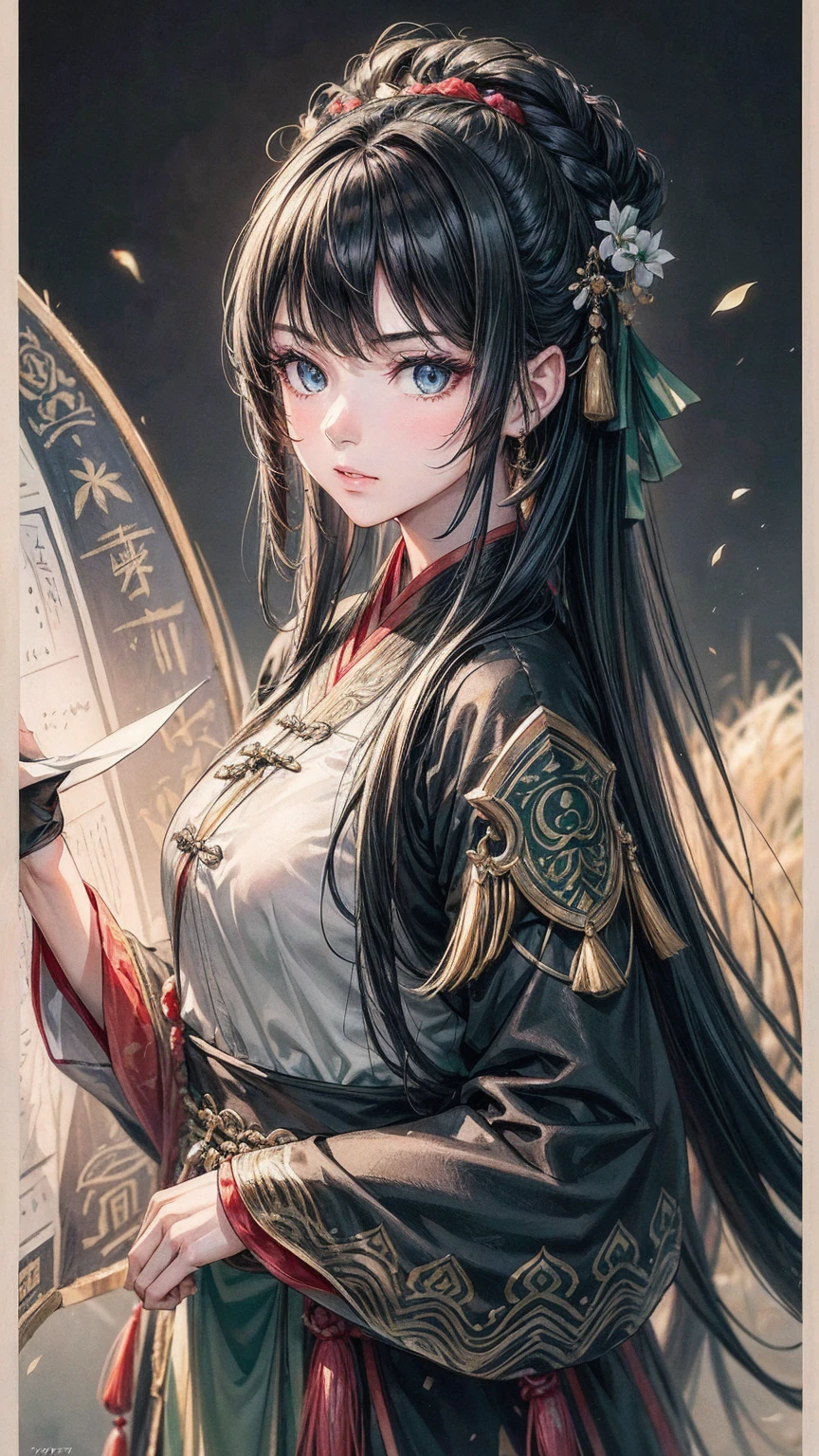 1 girl, Actress, Handsome, Ink splash, Chinese armor, (Upper Body), Black Hair, Flowing hair, Exquisite eyes, Black and green ancient silk Hanfu, Field of view, (f1.8), (masterpiece), (Portraits), front Photo, White background, (poster), arms