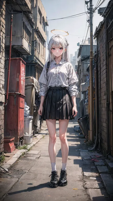 ((masterpiece, best quality)),A girl, Solitary, skirt, permanent, Halo, alley, outdoor, Bangs, white skirt, White hair, Long hai...