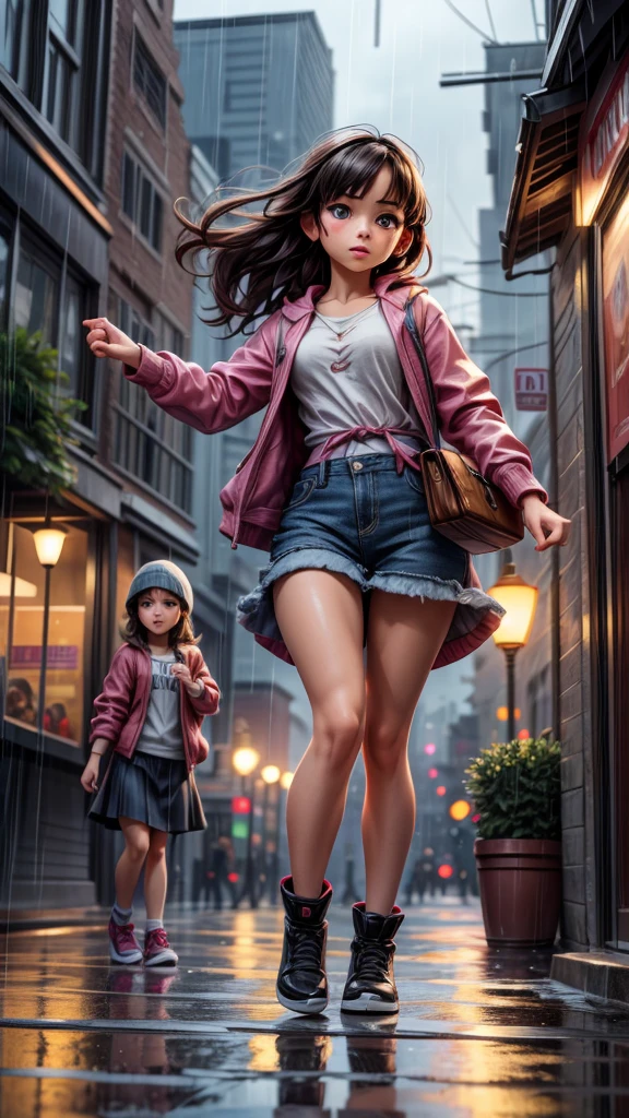 ((A dynamic breaking dance battle between two girls in the rain)), onlookers gathered around, beautiful detailed eyes, beautiful detailed lips, extremely detailed eyes and face, long eyelashes, flowing wet hair, dynamic poses, intricate choreography, dramatic lighting, moody overcast sky, puddles reflecting the scene, gritty urban backdrop, neon signs, (best quality,4k,8k,highres,masterpiece:1.2),ultra-detailed,(realistic,photorealistic,photo-realistic:1.37),cinematic composition,vibrant colors,dramatic chiaroscuro lighting