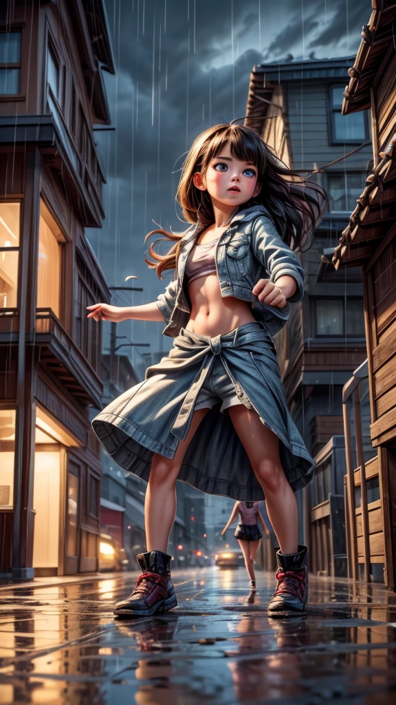 ((A dynamic breaking dance battle between two girls in the rain)), onlookers gathered around, beautiful detailed eyes, beautiful detailed lips, extremely detailed eyes and face, long eyelashes, flowing wet hair, dynamic poses, intricate choreography, dramatic lighting, moody overcast sky, puddles reflecting the scene, gritty urban backdrop, neon signs, (best quality,4k,8k,highres,masterpiece:1.2),ultra-detailed,(realistic,photorealistic,photo-realistic:1.37),cinematic composition,vibrant colors,dramatic chiaroscuro lighting