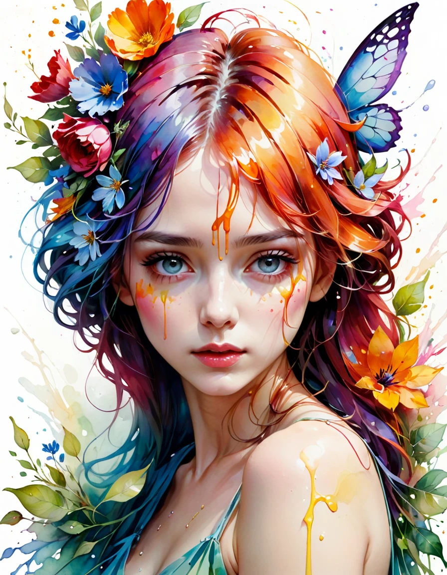 high quality, masterpiece, Watercolor, wash technique, colorful, A painting with dripping and scattered paint, Painting like Agnes Cecile, blurry, pale touch, smudged outline, like a fairy tale, Beautiful woman made with flower colorage, expressing women using flowers and plants, cutting and combining petals and leaves, drawing women's hair and dresses using the colors and shapes of flowers, vivid colors and nature, luminism, three dimensional effect, enhanced beauty, Albert Anker, Feeling like John Howe, Greg Rutkowski, Artgerm, WLOP, luminism, Isometric, by yukisakura, awesome full color,