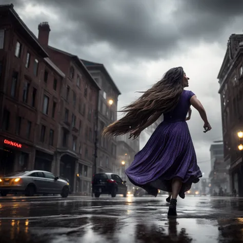 a woman dancing in the rain, detailed face, beautiful eyes, long hair flowing, elegant dress, rain drops, moody lighting, cinema...