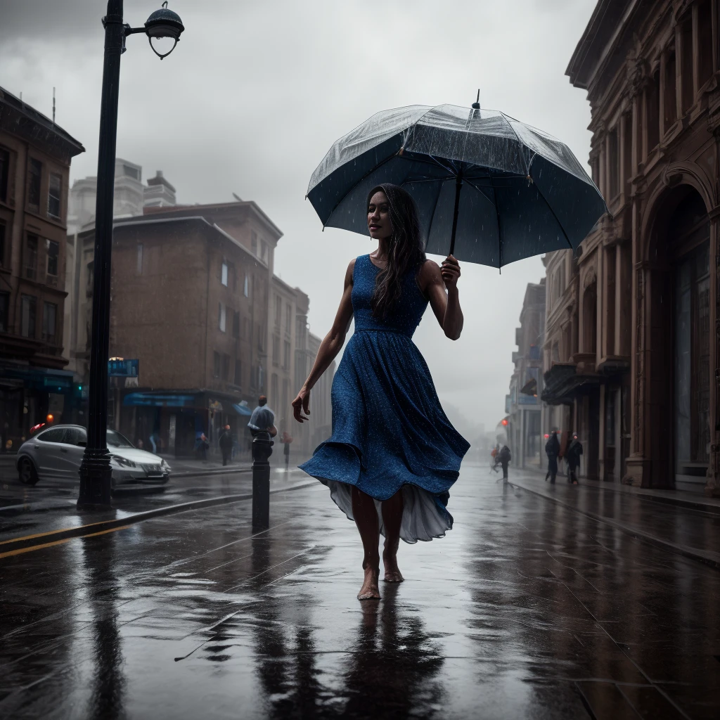 una mujer bailando bajo la lluvia, cara detallada, Ojos bonitos, pelo largo que fluye, vestido elegante, Gotas de lluvia, iluminación cambiante, cinematográfico, Realista, photoRealista, ultra detallado, Colores vibrantes, dramático, (mejor calidad,8K,alta resolución,obra maestra:1.2),dramático lighting,cinematográfico composition,atmósfera lluviosa