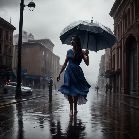 a woman dancing in the rain, detailed face, beautiful eyes, long hair flowing, elegant dress, rain drops, moody lighting, cinema...