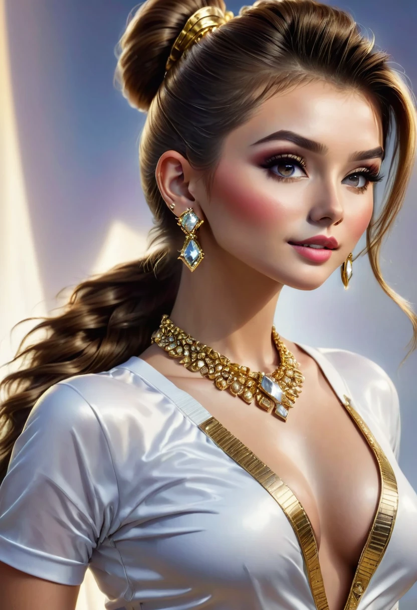  beautiful woman, hazelnut eyes, tight ponytail, athletic build, skirt, high heels, diamond earrings, gold bracelets, delicate gold necklace, (best quality,4k,8k,highres,masterpiece:1.2),ultra-detailed,(realistic,photorealistic,photo-realistic:1.37),studio lighting,physically-based rendering,extreme detail description,vivid colors,portrait