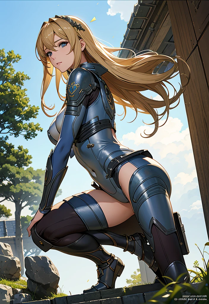 best quality, official art, masterpiece, textile shading, HDR, very detailed, colorful, best details, fantasy, battle suit,1 female, 25 years old, best quality, official art, masterpiece, textile shading, HDR, very detailed, colorful, best details, fantasy, battle suit,1 female, 25 years old, standing on stairs,A castle town with an old castle view, sunny,choppy hair, big breast, skinny,Surrounded by a large crowd:1.9、Confetti flutters、Blessed、Being welcomed:1.5、cameltoe:1.3, looking back, ground level shot:1.9,squatting, open legs,