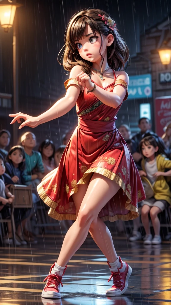 ((A dynamic breaking dance battle between two girls in the rain)), onlookers gathered around, beautiful detailed eyes, beautiful detailed lips, extremely detailed eyes and face, long eyelashes, flowing wet hair, dynamic poses, intricate choreography, dramatic lighting, outdoor stage, (best quality,4k,8k,highres,masterpiece:1.2),ultra-detailed,(realistic,photorealistic,photo-realistic:1.37),cinematic composition,vibrant colors,dramatic chiaroscuro lighting