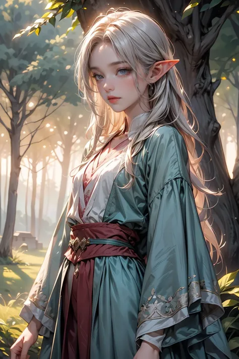 A wise old elf man with silver hair, green eyes, and a long green robe, stands in a small, picturesque elven village with wooden...