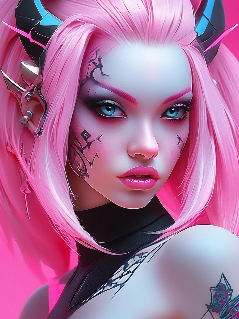 a close up of a woman with pink hair and tattoos, cyberpunk art inspired by rossdraws, trending on cg society, gothic art, demon girl, portrait of demon girl, beautiful succubus, demon anime girl, beautiful pink little alien girl, horrific digital art, pastel goth, gothic art style, gothic fantasy art, monster high makeup, trending on deviant art