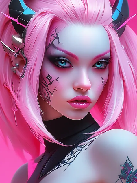 a close up of a woman with pink hair and tattoos, cyberpunk art inspired by rossdraws, trending on cg society, gothic art, demon...