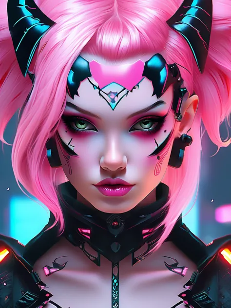 a close up of a woman with pink hair and tattoos, cyberpunk art inspired by rossdraws, trending on cg society, gothic art, demon...