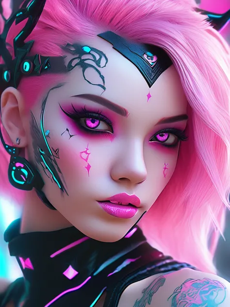 a close up of a woman with pink hair and tattoos, cyberpunk art inspired by rossdraws, trending on cg society, gothic art, demon...