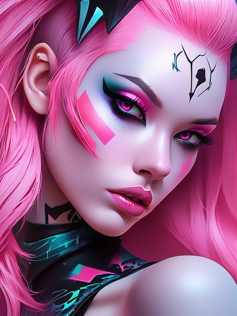 a close up of a woman with pink hair and tattoos, cyberpunk art inspired by rossdraws, trending on cg society, gothic art, demon girl, portrait of demon girl, beautiful succubus, demon anime girl, beautiful pink little alien girl, horrific digital art, pastel goth, gothic art style, gothic fantasy art, monster high makeup, trending on deviant art