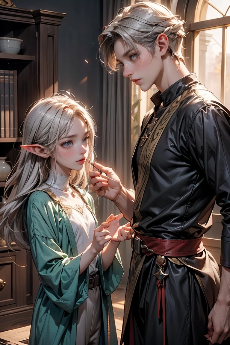 The wise old elf man, in his green robe, silver hair, and green eyes, is approached by a young elf.
The young elf has golden hair, blue eyes, and wears a simple brown tunic and trousers.
The young elf looks frustrated and the old elf man is listening attentively.