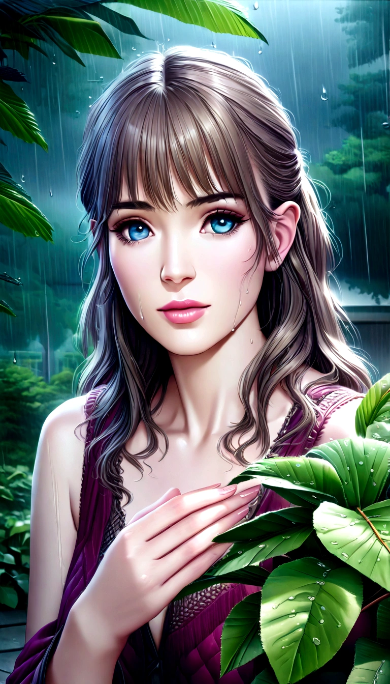 detailed portrait of a young girl dancing in the rain, beautiful detailed eyes, beautiful detailed lips, extremely detailed eyes and face, long eyelashes, playful expression, messy hair, wet skin, rain drops, outdoor garden scene, lush green foliage, overcast sky, dramatic lighting, moody colors, cinematic, (best quality,4k,8k,highres,masterpiece:1.2),ultra-detailed,(realistic,photorealistic,photo-realistic:1.37)