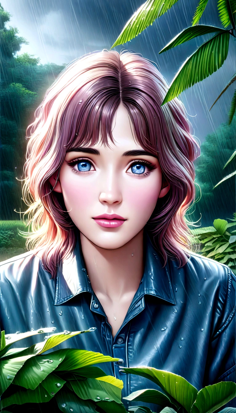 detailed portrait of a young girl dancing in the rain, beautiful detailed eyes, beautiful detailed lips, extremely detailed eyes and face, long eyelashes, playful expression, messy hair, wet skin, rain drops, outdoor garden scene, lush green foliage, overcast sky, dramatic lighting, moody colors, cinematic, (best quality,4k,8k,highres,masterpiece:1.2),ultra-detailed,(realistic,photorealistic,photo-realistic:1.37)