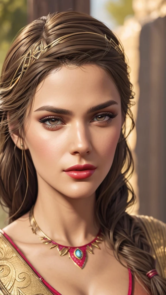 Kassandra, light brown eyes, (best quality, ultra-detailed), (realistic:1.37), beautiful and detailed face, ultra-realistic texture, delicate face, delicate body, red lipstick, bright colors. High definition, 8K.