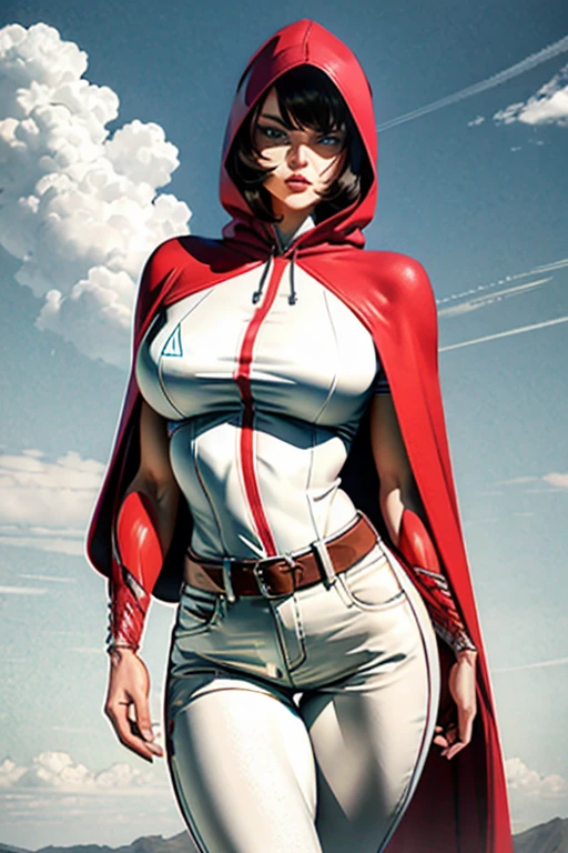 1girl, (solo:1.2), (cowboy shot:1.2), (looking at viewer:1.3)
grimm, blue eyes, red hood, hood up, red capelet, white shirt, shirt tucked in, green pants, thigh strap, huge breasts, muscular female
BREAK zumi, (realistic shading:1.2), soft shading, minimal lineart, semi-realistic proportions
BREAK intricate details, (masterpiece:1.3), (best quality:1.3), (perfect anatomy:1.4) BREAK, (beautiful white clouds:1.3), puffy clouds, white sky