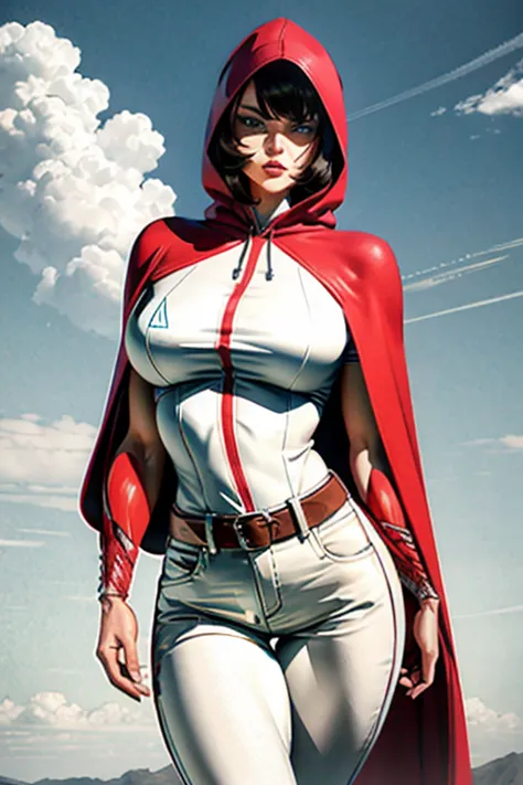 1girl, (solo:1.2), (cowboy shot:1.2), (looking at viewer:1.3)
grimm, blue eyes, red hood, hood up, red capelet, white shirt, shi...