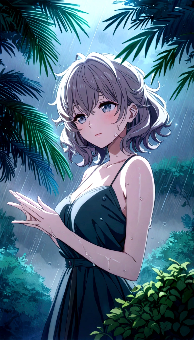 score 9, source anime, detailed portrait of a young girl dancing in the rain, perfect face, playful expression, messy hair, wet skin, rain drops, outdoor garden scene, lush green foliage, overcast sky, dramatic lighting, moody colors, cinematic, (best quality,4k,8k,highres,masterpiece:1.2),ultra-detailed,