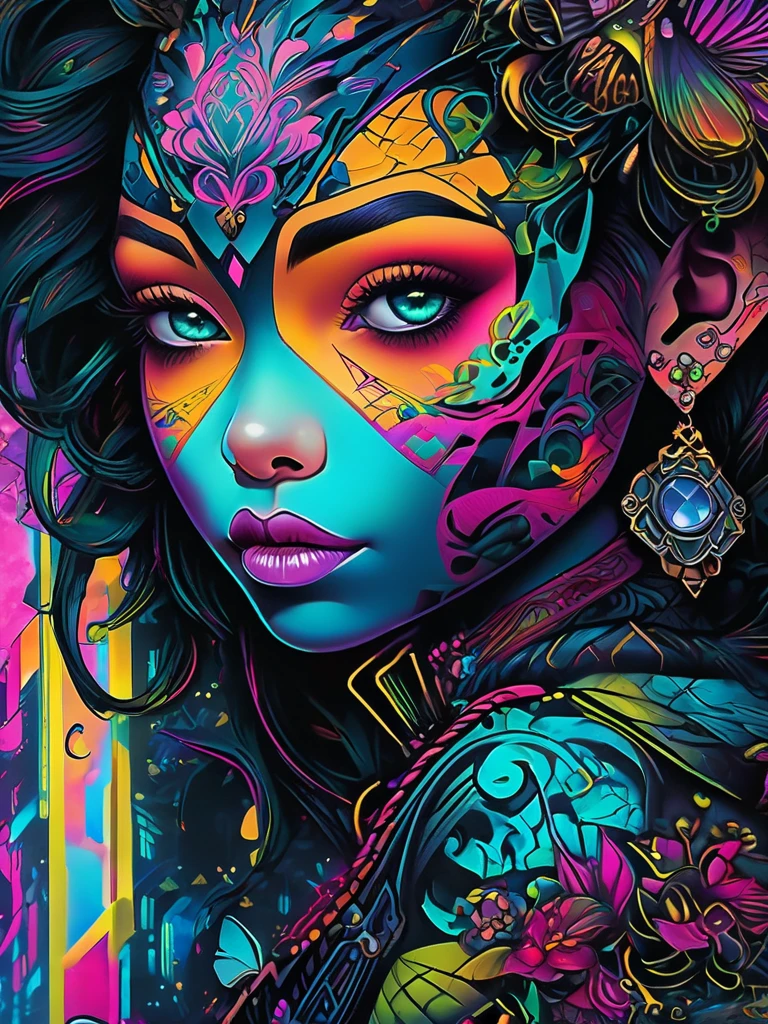 a close up of a person with a colorful face and a tattoo, cyberpunk art inspired by Jasmine Becket-Griffith, trending on cgsociety, gothic art, cute detailed digital art, acid pixie, hyper detailed digital art, dark but detailed digital art, evil. vibrant colors. cute, alice in wonderland cyberpunk, 4k highly detailed digital art, gorgeous digital art