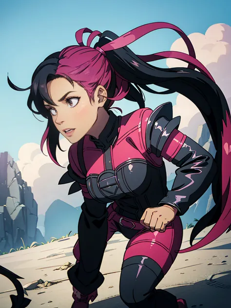 half dragon female with grey skin, with black hair pigtails style, with pink streaks, sharp teeth, biker outfit, dragon tail and...