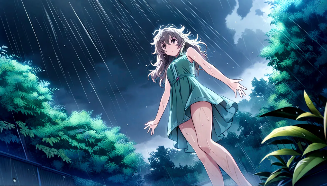 score 9, source anime, wide shot, from below, a young girl dancing in the rain, dynamic pose, perfect face, playful expression, ...