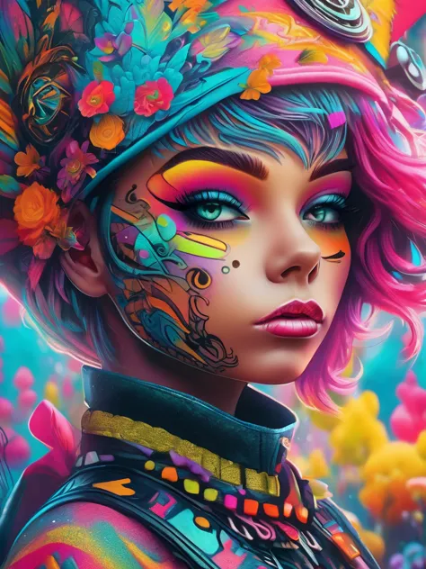 a close up of a person with a colorful face and a tattoo, cute detailed digital art, acid pixie, hyper detailed digital art, evi...