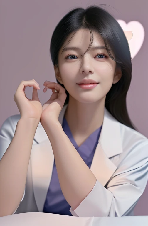 cowboy shot:1.2), looking at viewer, smiling elegant slim asian woman, Korean, wearing (labcoat over scrubs:1.4), black hair, (heart hands), (modern surgery room), photo, 1girl, ultra high res, realistic photorealistic, ultra-detailed, finely detailed, high resolution, perfect dynamic composition, (perfect eyes), (detailed eyes), solid circle eyes, sparkling eyes, (clean eyes), anatomically correct, super detail, textured skin, extremely detailed face and eyes, detailed facial features, ((perfect face)), wide hips